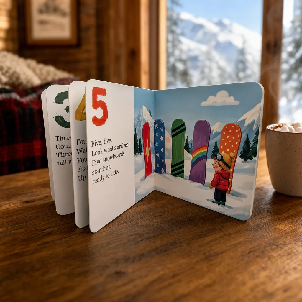Open 1 2 3 Ski With Me board book showing thick pages and the five snowboards spread